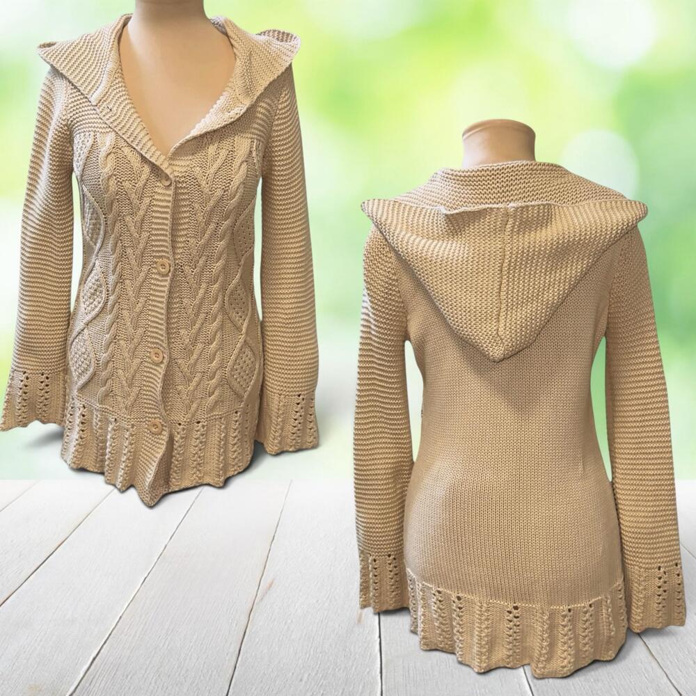 Vintage Y2K BCBGMAXAZRIA Hooded Cable Knit Cardigan Longline Fisherman Size S